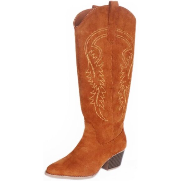 ⚡Women's Brown Embroidered Cowgirl Boots Knee High Pointed Toe Chunky Heel - Picture 1 of 7
